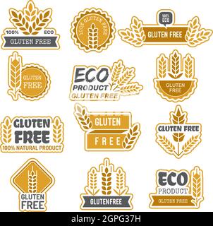 Badges sans gluten. ECO bio ferme produits naturels frais étiquettes adhésives pour emballages sans gluten dans les symboles vecteur alimentaire Illustration de Vecteur
