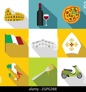 Tourisme en Italie icons set, style plat Illustration de Vecteur