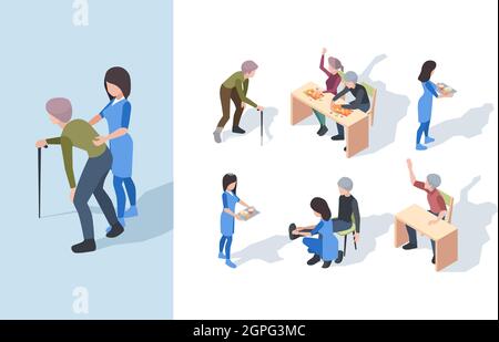 Clinique de soins infirmiers pour personnes âgées. Jouer des exercices senior personnel médical aidant personnes âgées vecteur personnes isométriques Illustration de Vecteur