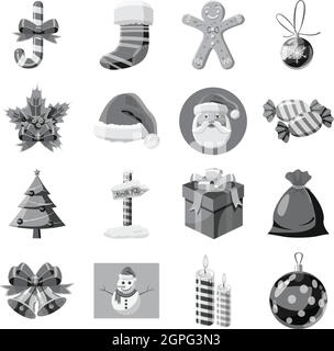 Icônes de Noël, jeu de style monochrome gris Illustration de Vecteur