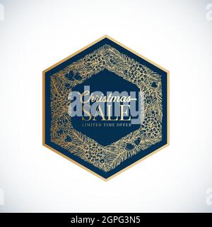 Soldes de Noël et du nouvel an : couronne d'esquisse dessinée à la main, bannière cadre ou modèle d'autocollant. Résumé Promo vacances vecteur Hexagon libellé avec rétro Illustration de Vecteur