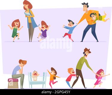 Grande famille. Parents fatigués avec fou heureux drôle enfants actifs dans les poses d'action. Vecteur personnes père mère enfants Illustration de Vecteur