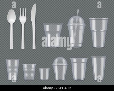 Ustensiles jetables. Plastique vaisselle couteaux fourchettes cuillères verres tasses vecteur modèle réaliste Illustration de Vecteur