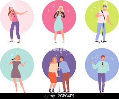 Chantant des personnages. Adultes dans le club de karaoké chantant solo populaire vecteur de musique personnes isolées Illustration de Vecteur