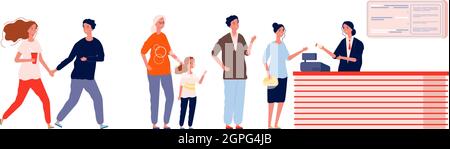 Longue file d'attente au cinéma. Les gens attendent la ligne d'achat de billet pour le film. Illustration vectorielle de divertissement pour adultes, adolescents et enfants Illustration de Vecteur