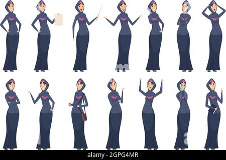 Femme musulmane. Hommes d'affaires arabes femmes personnages en robes noires arabize et saudi filles vecteur personnes Illustration de Vecteur