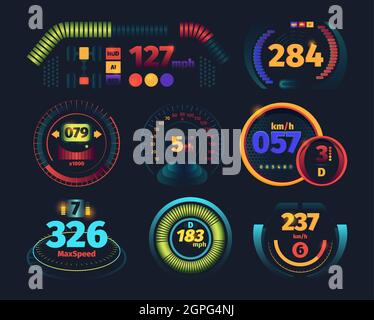Indicateur de vitesse. Compteur kilométrique du moteur Tableau de bord de voiture avec indicateurs de vitesse danger flèches vecteur illustrations futuristes Illustration de Vecteur