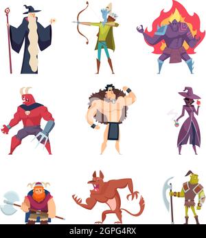 Personnages de contes de fées. Fantasy créatures gremlins orc hommes guerriers démon elf sorcier géants vecteur images de dessin animé ensemble Illustration de Vecteur