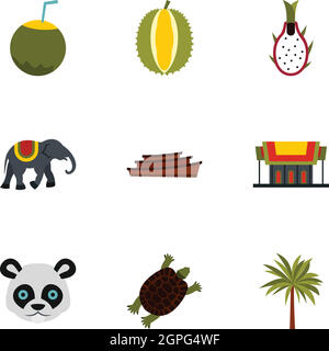 Le tourisme en Thaïlande icons set, style plat Illustration de Vecteur