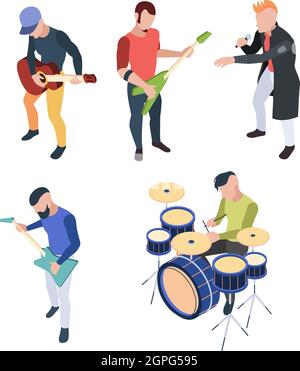 Groupe de rock. Musicien isométrique personnes avec instruments guitares tambour et microphone vecteur rock personnages de concert Illustration de Vecteur