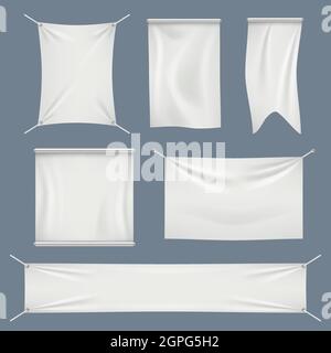 Bannières en tissu. Blanc textile drapeau vêtements coton vecteur réaliste vide bannières collection isolée Illustration de Vecteur