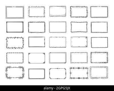 Cadres de Doodle. Formes carrées dessinées à la main esquissées dans différents styles décors et cadres photo ensemble de vecteurs Illustration de Vecteur