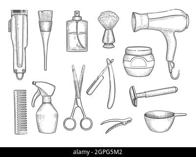 Articles du salon de coiffure. Ciseaux peigne rasoir beauté rasage salon de coiffure accessoires de coupe vector set dessiné à la main Illustration de Vecteur