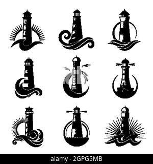 Logo Lighthouse. Affaires stylisées symboles marins vagues océaniques icônes de mer avec silhouettes de phare Illustration de Vecteur