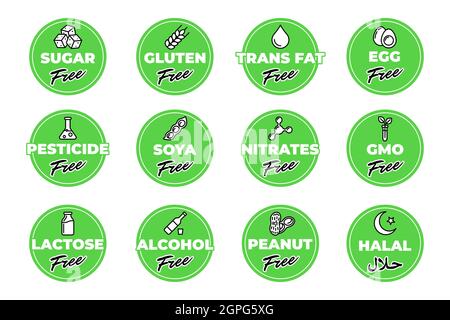 Ensemble d'étiquettes vertes sans allergènes alimentaires et cosmétiques.Sans sucre, pesticides, œufs, lactose, nitrates,gluten, alcool, arachide, gras trans, soja,badges d'ingrédients ogm.Balise eps de certificat de script arabe halal Illustration de Vecteur