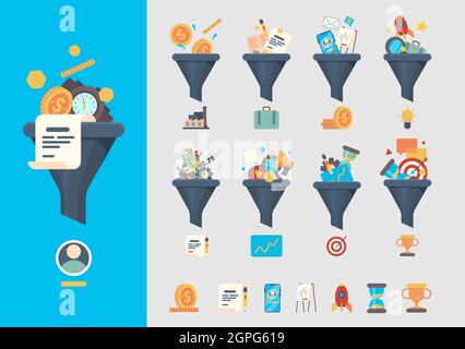 Ventes de génération d'entonnoir. Modèles génératifs d'affaires produits de commerce identifiés par le consommateur symboles vectoriels de l'entonnoir Illustration de Vecteur