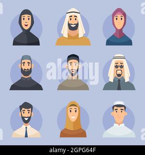 Avatars musulmans. Les personnages arabes masculins et féminins portraits de face font face à des personnes vectorielles de l'est Illustration de Vecteur