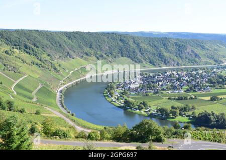 Vue sur la vallée de la Moselle avec le village Wolf près de Traben-Trarbach Banque D'Images