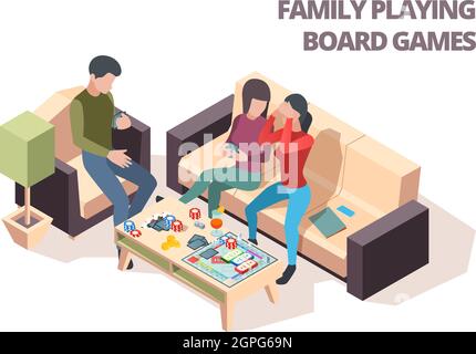 Jeu de société familial. Cartes Monopoly échecs maison loisirs jouant vecteur isométrique heureux personnes Illustration de Vecteur