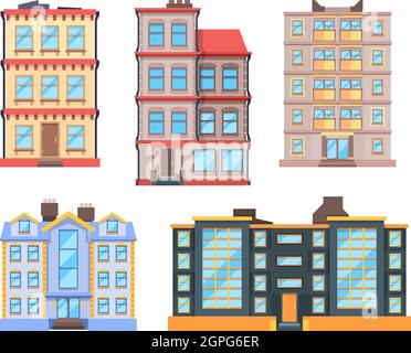 Séjour bâtiments style plat. Maisons urbaines avec 3 ou 9 étages maison appartements Nice moderne urbain extérieur ville construction vectorielle Illustration de Vecteur