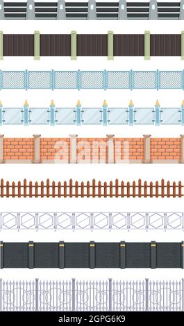 Clôtures sans couture. Brique traditionnelle en métal et mur de clôture en bois pour les éléments extérieurs de la ferme vecteur village Illustration de Vecteur