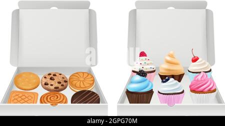 Petits gâteaux et biscuits réalistes. Biscuits muffins emballage, crémeux et chocolat produits de boulangerie en boîte blanche illustration vectorielle Illustration de Vecteur