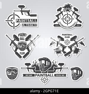 Étiquettes de paintball. Badges de sport jeux actifs avec arme à feu et de tir de peinture équipe étiquettes vector logos collection Illustration de Vecteur