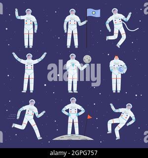 Personnages astronautes. Spaceman les gens en action pose globalement des vêtements professionnels costume vecteur cosmonaute Illustration de Vecteur