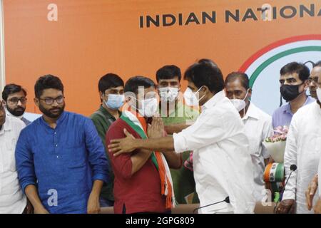 New Delhi, Inde. 28 septembre 2021. Kanhaiya Kumar l'ancien dirigeant de l'IPC rejoint le parti du Congrès à tous les sièges du Comité du Congrès de l'Inde à New Delhi, Inde, le mardi 28 septembre 2021. Photo par Anshuman Akash/ABACAPRESS.COM crédit: Abaca Press/Alay Live News Banque D'Images