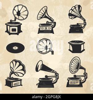 Collection de gramophones. Vintage radio musique symboles vinyle disques vecteur images ensemble Illustration de Vecteur