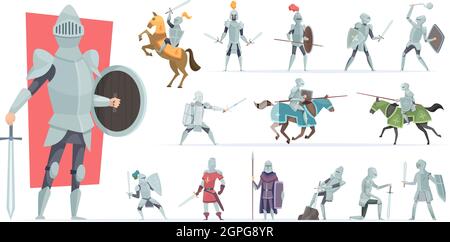 Chevaliers. Les guerriers médiévaux en action posent des chevaliers blindés personnages vectoriels dans un style de dessin animé Illustration de Vecteur