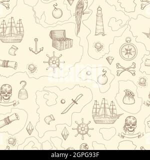 Carte pirate transparente. Carte d'aventure marine avec trésors et objets marins navires armes créatures. Motif vectoriel Illustration de Vecteur
