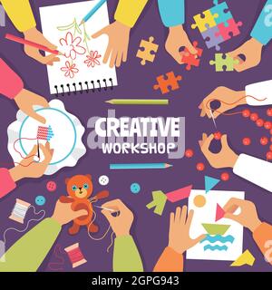 Création d'une vue de dessus. Mains couture tricoté artisanat à partir de papier et de ciseaux enfants pratique atelier vecteur couleur fond Illustration de Vecteur