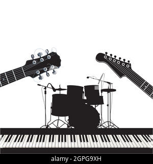 Instruments de musique, guitares, batterie et piano, musique rock Illustration de Vecteur