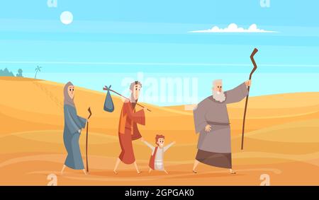 Voyage des personnages de la bible. Historique narratif histoire personnes saintes aller dans le paysage de dessert de paysage dieu illustration vectorielle Illustration de Vecteur