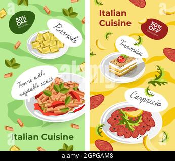 Vente d'affiches de cuisine italienne, plats et desserts Illustration de Vecteur