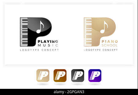 Logo lettre P sa signification piano école ou jouer de la musique. Avec clavier d'illustration. Deux couleurs de variation noir et or avec fond blanc isolé. Applicable pour les applications de logo, logo école, cours. Illustration de Vecteur