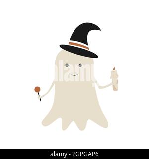 Joli dessin animé fantôme dans un chapeau avec bougie et bonbons. Illustration vectorielle Halloween à dessin manuel isolée sur fond blanc Illustration de Vecteur