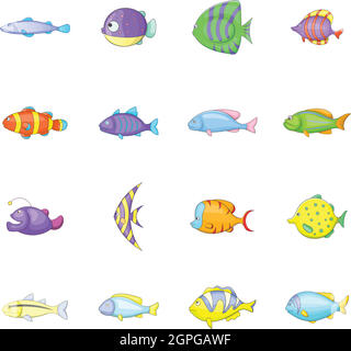 Poissons différents icons set, cartoon style Illustration de Vecteur