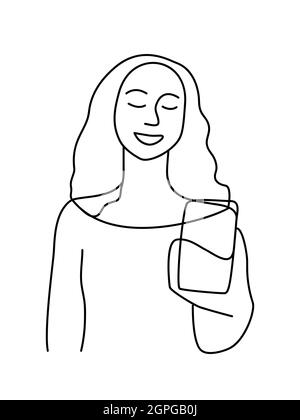 Minimalisme Portrait vectoriel féminin dessiné à la main dans un style moderne abstrait à une ligne. Décoration, art mural, création, médias sociaux. Modèle tendance femme parle sur le téléphone sur blanc Illustration de Vecteur