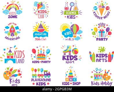 Badges de zone pour enfants. Logos pour un espace créatif pour les terrains de jeux pour enfants ou les symboles vectoriels de magasin de jouets Illustration de Vecteur