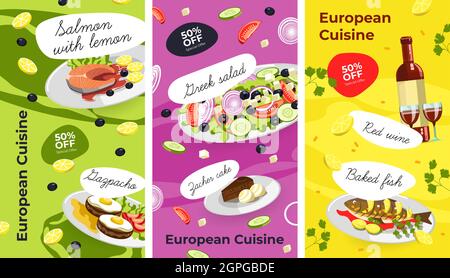 Cuisine européenne, menu avec plats et réductions Illustration de Vecteur