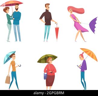 Personnes parapluie. Les personnages enfoncés dans la tenue de jour de pluie et la marche avec des parapluies vecteur adultes Illustration de Vecteur