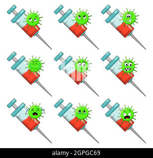 Concept de vaccin contre le coronavirus. Caractère du virus et seringue. Illustration vectorielle isolée sur fond blanc. Illustration de Vecteur