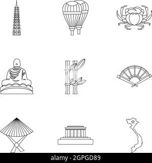 Pays Vietnam icons set style du contour, Illustration de Vecteur