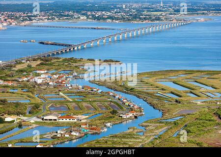 France, Charente Maritime, le Château d'Oléron, fermes ostréicoles sur le canal de l'ORS et pont d'Oléron (vue aérienne) Banque D'Images