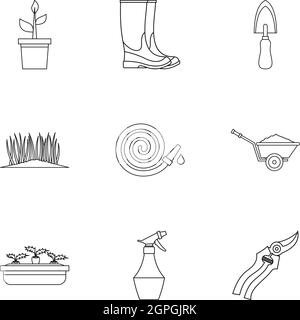 Icons set jardin style du contour, Illustration de Vecteur