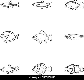 Espèces de poissons icons set style du contour, Illustration de Vecteur