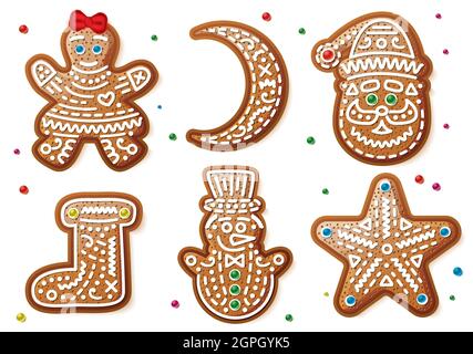 Ensemble de biscuits de Noël en pain d'épice isolés sur fond blanc. Illustration vectorielle. Christmas Gingerbread Woman, Moon, Snowman, Santa Claus, Boot Illustration de Vecteur
