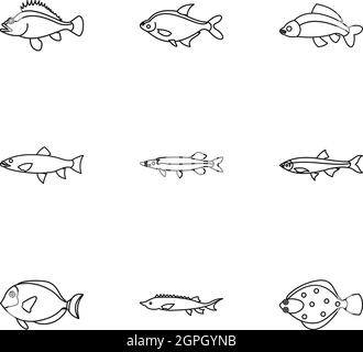 Les poissons marins icons set style du contour, Illustration de Vecteur